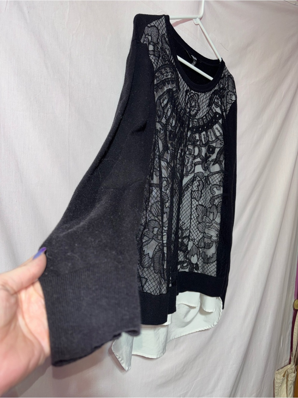 Simply Vera Vera Wang Black Lace-Overlay Crewneck Sweater with White Hem - Picture 2 of 8
